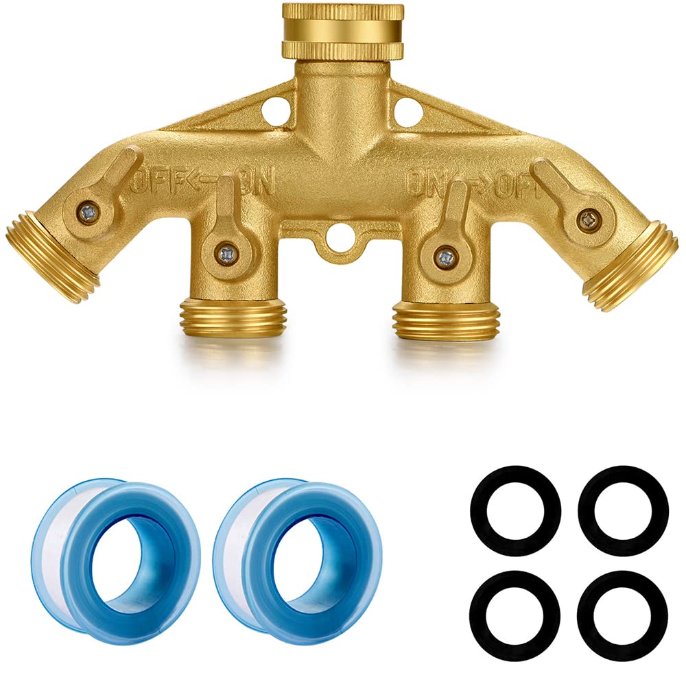YELUN Garden Hose Splitter Heavy Duty Brass Connector, Garden Faucet Splitter for Outdoor Faucet Hose Bib Splitter, Adapter with Comfortable Grip Shut Off Valves (4 Way splitter)