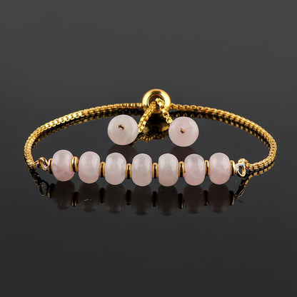 TGH Natural Rose Quartz Gemstone Rondelle Beads Bolo Bracelet Gold Plated Adjustable Slider Gift for Women Birthday Wedding Handmade Christmas Gifts (Rose Quartz Shade)