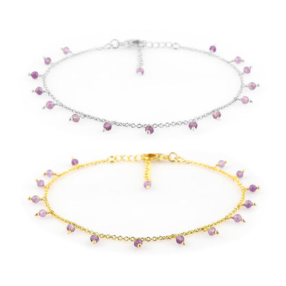 JOR Natural Amethyst Beaded Rosary Anklet, Handmade Craft, Anklet Beads Bracelet, Chakra Healing, Gemstone Women Jewelry, Dainty Gold and Silver Plated Combo Anklet 9 inch + 1.5 inch (2pcs)