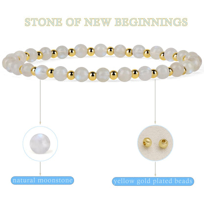 QOGIR Moonstone - New Beginnings - 14K Gold Plated Beads Natural Gemstone Stretch Elastic Dainty Healing Beaded Bracelets Gifts 4mm