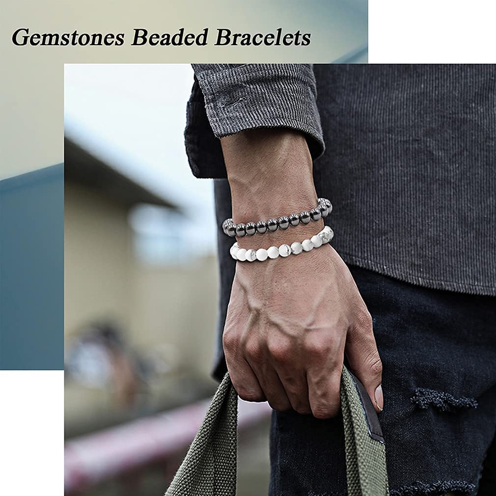Jewdreamer 12Pcs Natural Stone Beaded Bracelets for Women Men Semi-Precious Gemstones Bracelets Crystal Beaded Bracelet Unisex Adjustable Stretch Bracelets 8MM