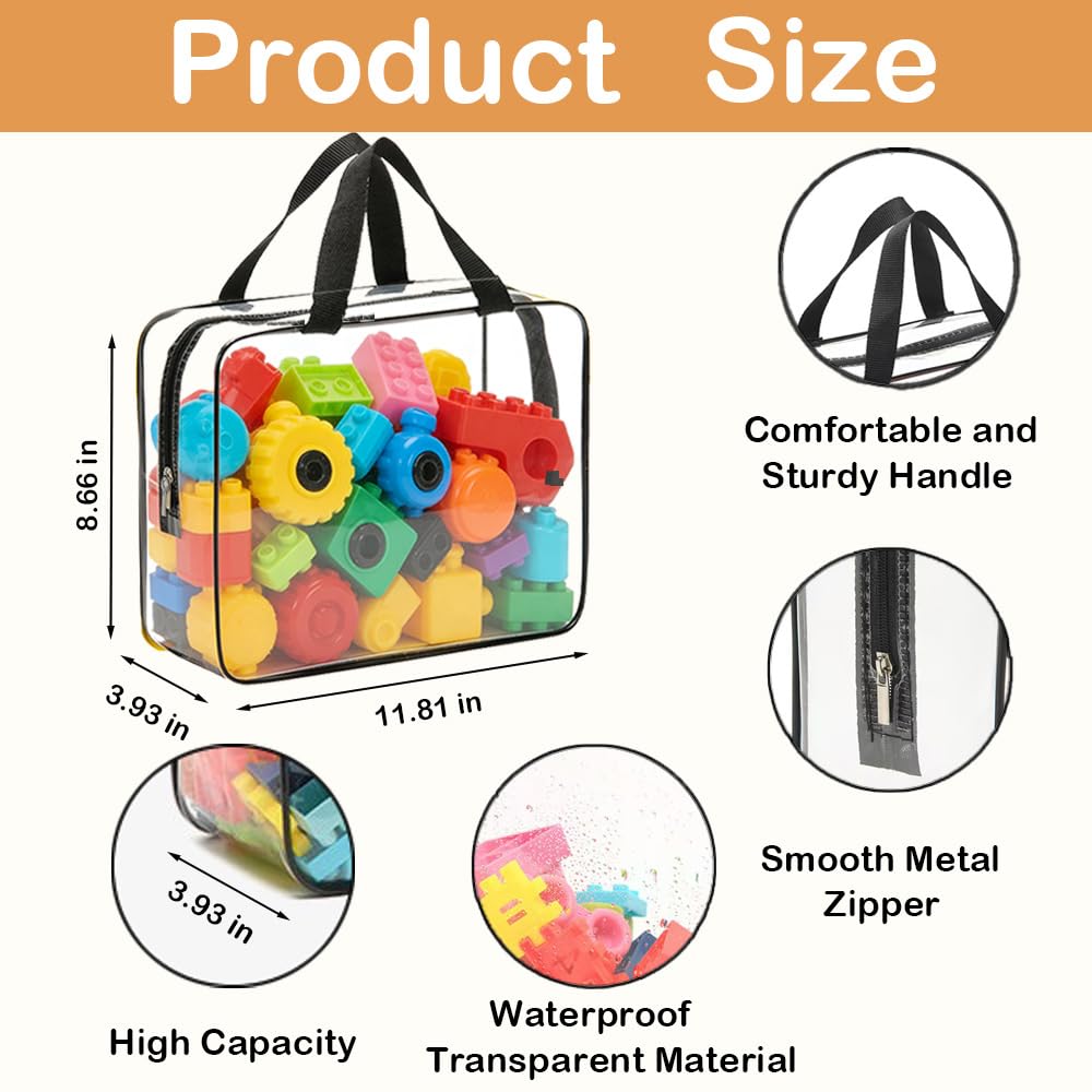 6 Packs Extra Large Toy Storage Bags with Zipper, Reusable Clear PVC Toy Organizer Bag with Labels for Blocks, 11.8″×8.6″×3.9″ Travel Waterproof Organizer Bags for Puzzles, Plastic Toy Container