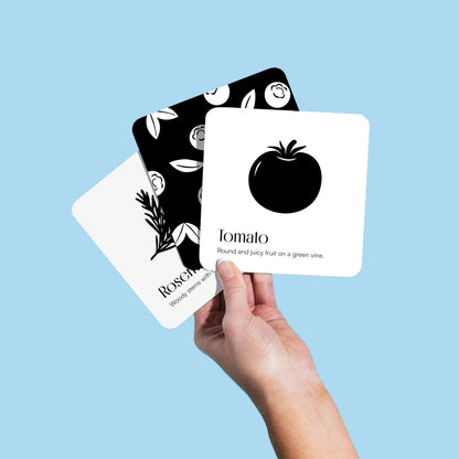 Garden for Baby Black and White Cards by Chunky Deli | High Contrast Sensory Toy for Newborn Visual Stimulation & Tummy Time | 10 Laminated Infant Learning Cards | Unique Foodie