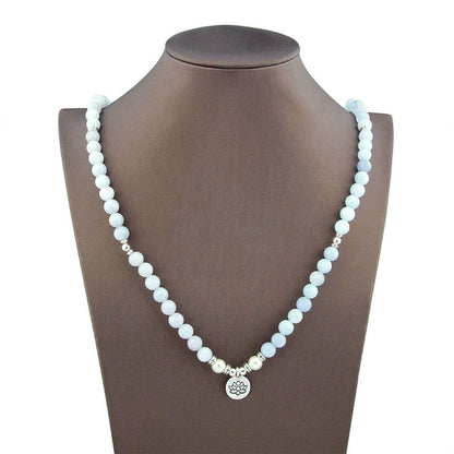 108 Bead Aquamarine Japa Mala Necklace – Handmade Yoga Jewelry with Lotus Charm – 8mm Natural Gemstones for Meditation, Chakra Bracelet, Reiki & Spiritual Balance – Stretchy Unisex Design