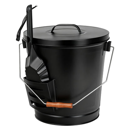 F2C 5.5 Gallon Large Ash Bucket with Lid and Shovel Fireplace Tool Set,Galvanized Metal Coal and Hot Ash Pail for Fireplace, Fire Pits, Wood Burning Stoves, Grill, Outdoor,Home Black