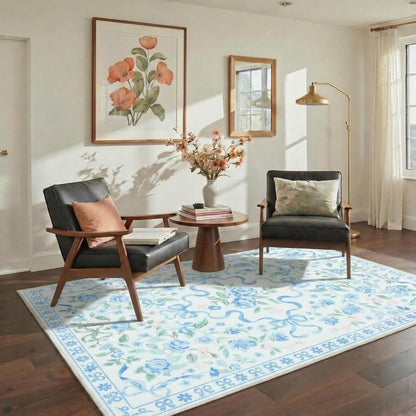 Bavni Area Rugs 5X7 for Living Room，Machine Washable Non Slip Low Pile Soft Rug，Cute Floral Carpet for Bedroom Dining Room Girls Room Nursery Room and Kids Room or Playroom, Pastel Blue