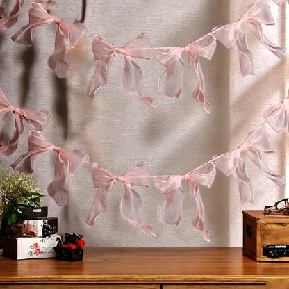 1 String of 12pcs Tulle Bow Garland Pink Bowknot Banner Garlands for Decoration Ribbon Garland Party Banner for Birthday,Wedding,Engagement,Anniversary,Bridal Shower, Bachelorette Party Pink Bow Decor