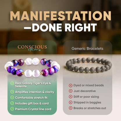 Conscious Items Cosmic Energy Amplifier, Galaxy Tiger Eye Beads Bracelet with Selenite Crystal for Manifestation, Clarity, & Confidence, Wealth Bracelet with 14K Gold-Plated Accents for Women & Men