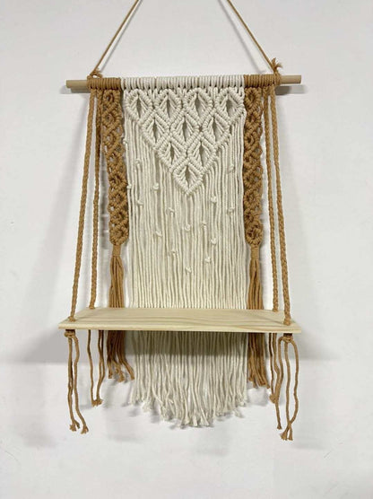 Decorative Wooden Macrame Shelf, Boho Wall Hanging Decor, Rope Plant Flower Hanger Pot Holder, Beige & Brown, 50cm x 75cm (MYG-0324)