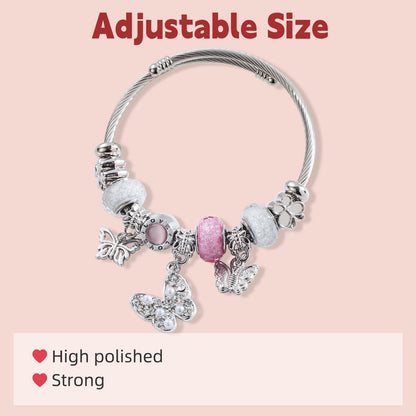 QMWKVNC Charm Bracelets for Girls,Exquisite Cute Cartoon Friendship Silver Bracelets Stainless Steel Bangle, Girls Jewelry Suitable for Holiday Gifts and Birthday Gifts (Bracelets-C)