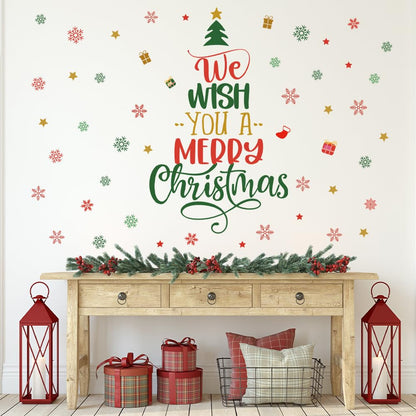 Christmas Tree Wall Decals Merry Christmas Quotes Wall Stickers Xmas Tree Snowflake Wallpaper Christmas Decorations Peel and Stick Removable Vinyl Wall Art for Bedroom