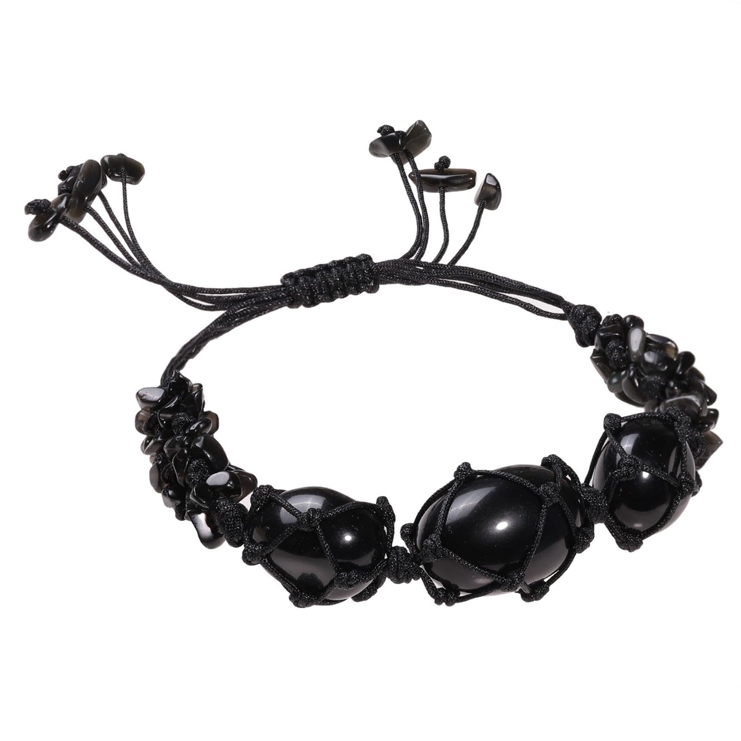 TUMBEELLUWA Boho Handmade Braided Crystal Holder Bracelet Chakra Healing Crystal Chips Bracelet Adjustable Trendy Jewelry Gifts for Women Men, Black Obsidian