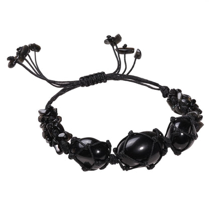TUMBEELLUWA Boho Handmade Braided Crystal Holder Bracelet Chakra Healing Crystal Chips Bracelet Adjustable Trendy Jewelry Gifts for Women Men, Black Obsidian