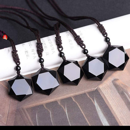 eMeition Black Obsidian Necklace Men Hexagram Natural Stone Crystal Pendant for Women Protection Premium Talisman Necklaces Couples Gift (Obsidian Necklace & Bracelet)