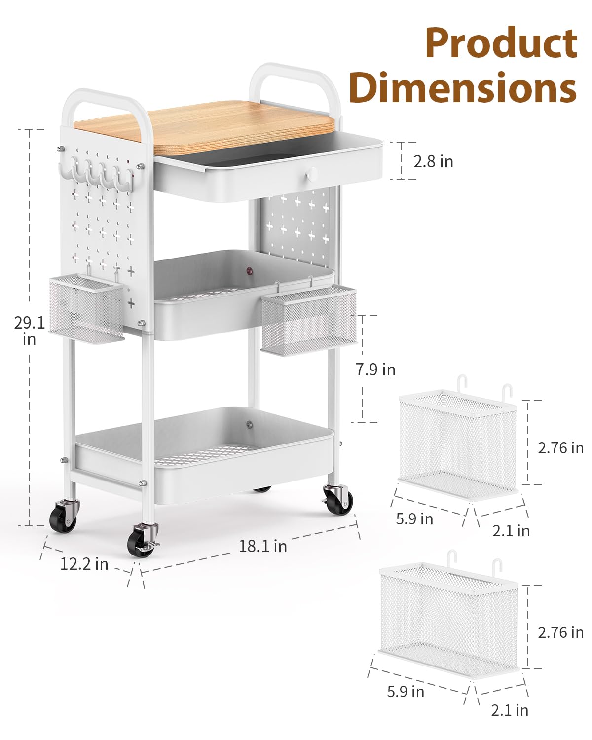 ALVOROG Rolling Cart with Drawer and Wood Table Top, 3 Tier Metal Rolling Utility Cart on Wheels with DIY Pegboards, Hanging Baskets, Hooks for Kitchen, Bedroom, Office, Craft Supplies