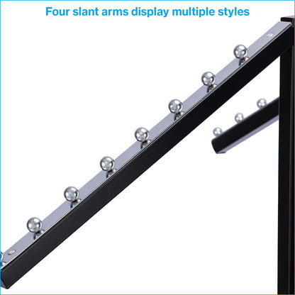 SSWBasics Black 4 Way Adjustable Clothing Rack with Slanted Arms - Retail Clothing Rack Display - Adjustable Height Arms from 48" to 72" Perfect for Clothing Stores