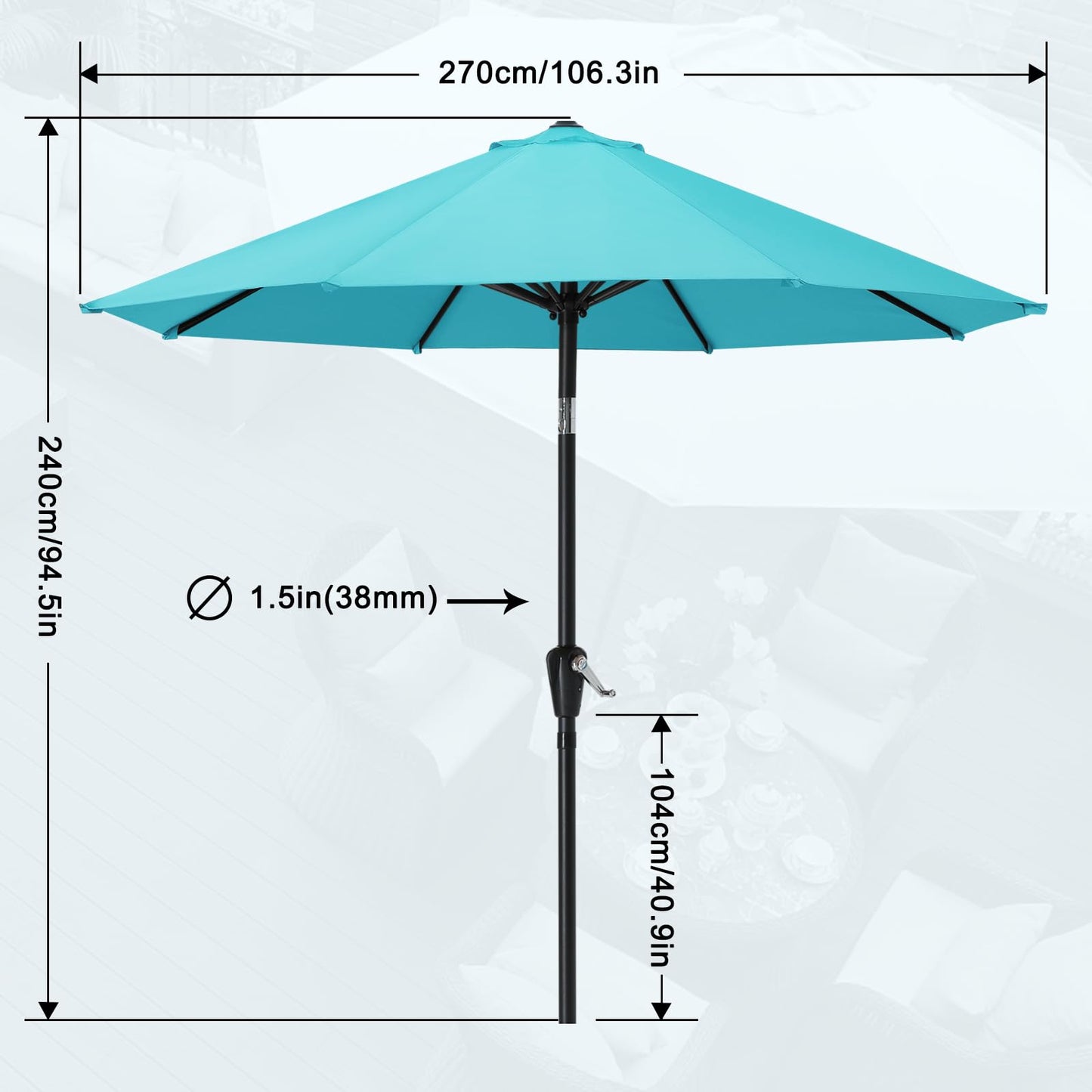 MASTERCANOPY 9FT Patio Umbrella with Push Button Tilt and Crank, Outdoor Market Umbrella with 8 Sturdy Ribs, UV Protection & Waterproof for Garden, Deck, Backyard, Pool (Turquoise)