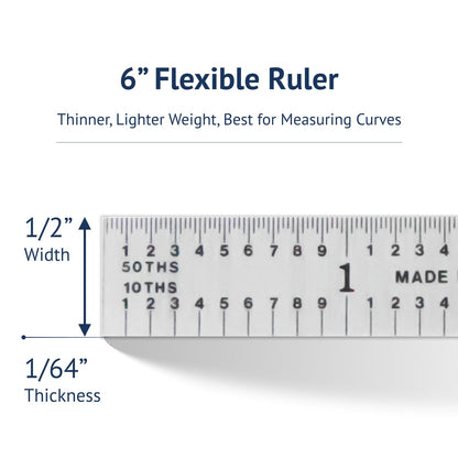 PEC Tools 6” Flexible Machinist Rule, Spring Tempered Steel Ruler with Satin Chrome Finish, 1/50" Thick x 1/2" Wide, Metal Ruler with Inch Graduation(3R), High Precision Measuring Tool, Made in USA