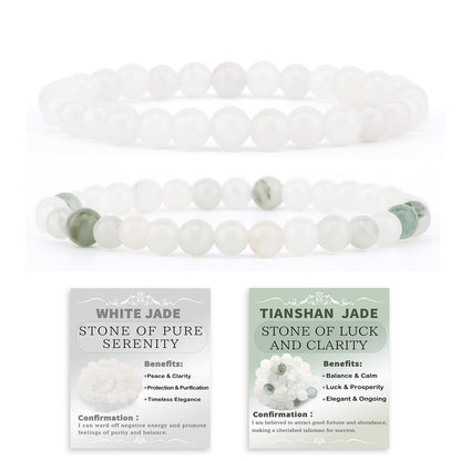 NCB 2-Piece 6mm Natural Crystal Gemstone Stretch Bracelets – ﻿Tianshan Jade, White Jade Handmade Reiki Energy Healing Jewelry for Meditation,Yoga, Unisex