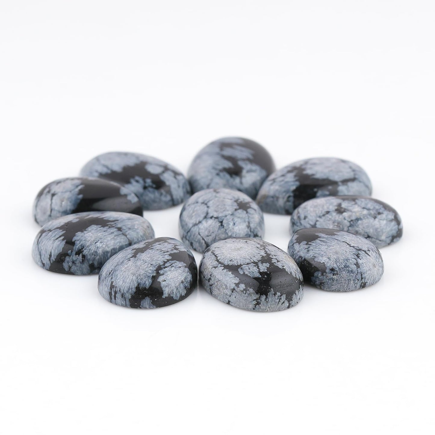 GemSymphony Natural Snowflake Obsidian Gemstone Cabochon Pack of 5 Mixed Shapes – Polished Crystal Stones for Jewelry Making Supply, Healing, Reiki & DIY Crafts, Natural Gem Cab Set for Wire Wrapping (10-20 mm)