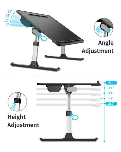 Laptop Bed Tray Desk, SAIJI X-Large Adjustable Laptop Table, Foldable Laptop Desk with Storage Drawer and Bookstand for Eating, Working, Writing, Gaming, Drawing (Black)