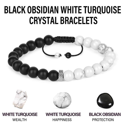 Black Obsidian White Stone Protection Bracelets, Black Obsidian Agate Men Women Crystal Bead Bracelet for Courage, Money Wealth Prosperity Handmade Good Luck Energy White Quartz Stone Bracelets