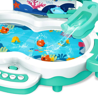 Magnetic Baby Fishing Toy Set, 3 in 1 Fishing Game for Toddlers & Kids with Slideway & Music Story, 10 Fish, 3 Dolphins, 2 Fishing Poles, Learning Educational Sound Effect Toys (Green1)