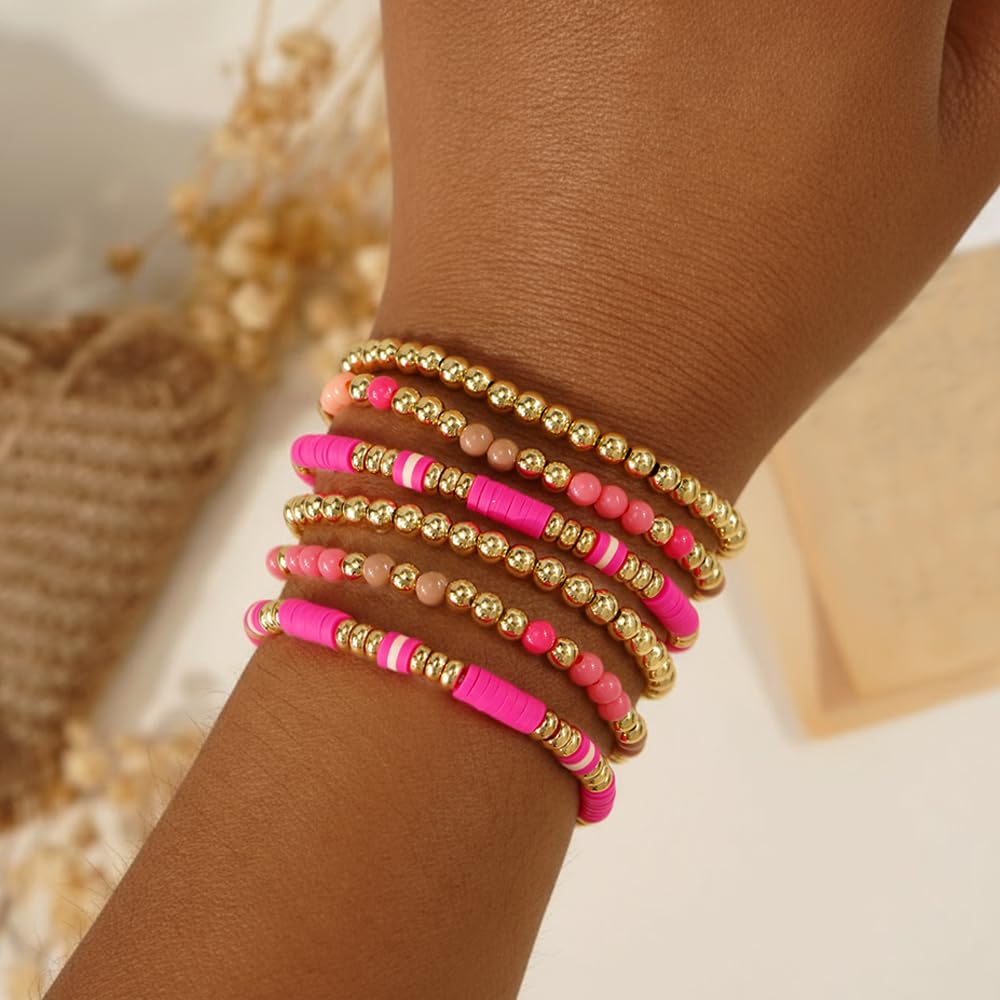 Bohxantium Gold Beaded Friendship Bracelets Stack for Women Boho Pink Heishi Clay 14K Gold Plated Beads Ball Stackable Stretch Surfer Colorful Preppy Bracelet Trendy Jewelry Daily Wear Birthday Gift