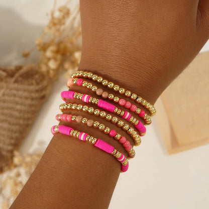 Bohxantium Gold Beaded Friendship Bracelets Stack for Women Boho Pink Heishi Clay 14K Gold Plated Beads Ball Stackable Stretch Surfer Colorful Preppy Bracelet Trendy Jewelry Daily Wear Birthday Gift