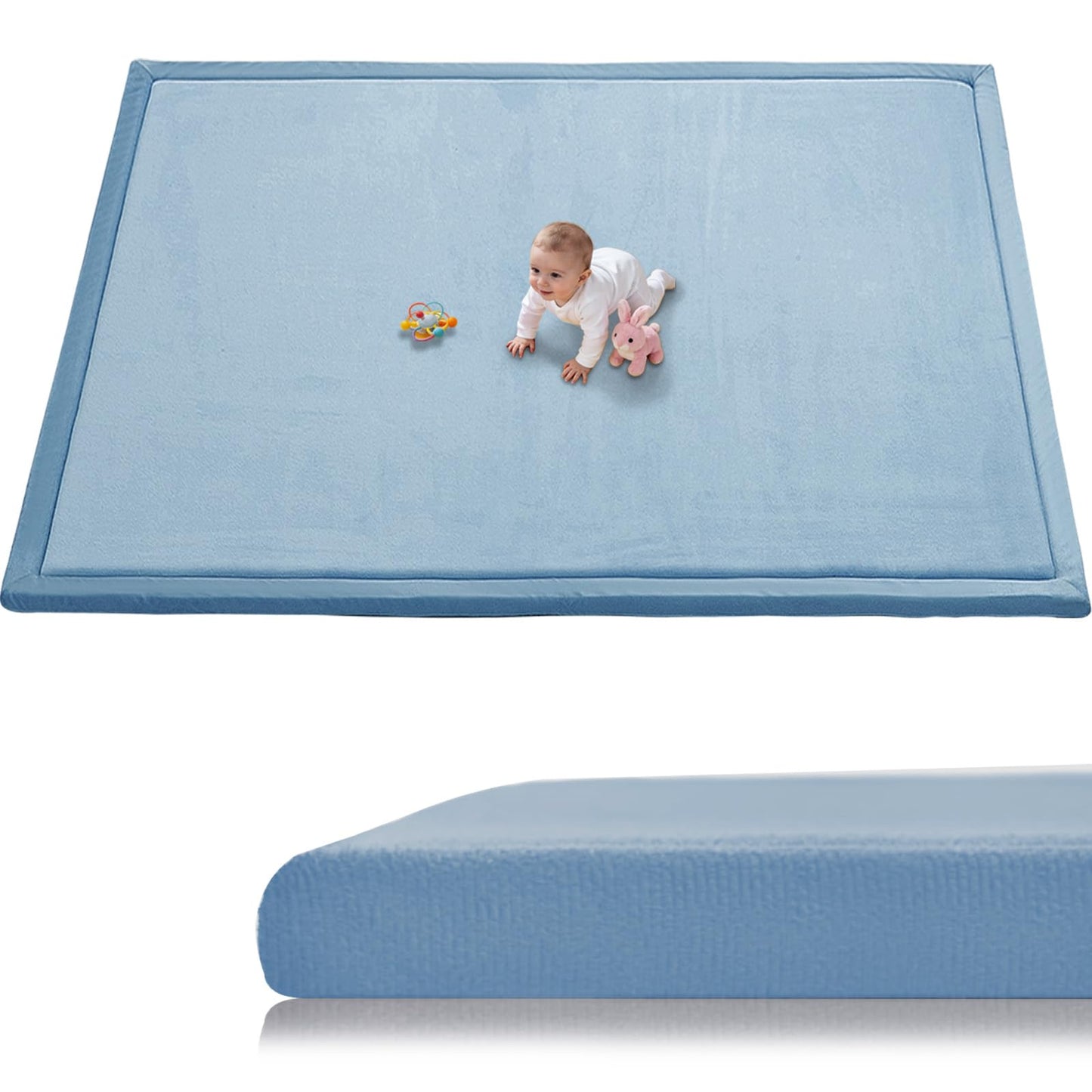 TreeBud Baby Play Mat for Floor, 1.3 Inch Thick Memory Foam Tummy Time Mat with Non Slip Backing, Soft Coral Velvet 71X79 Inch Playpen Mat Crawling Tatami for Infants Toddlers Kids, Midnight Blue