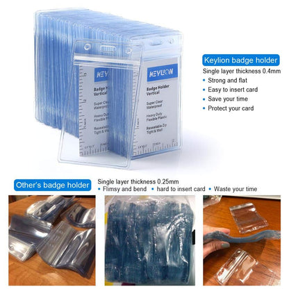 KEYLION 100 Pack ID Card Name Badge Holder, Heavy Duty Clear Transparent Plastic PVC Vertical Sleeve Pouch with Waterproof Type Resealable Zip