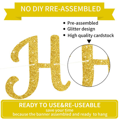 BEISHIDA Happy Birthday Banner - NO DIY,Gold 10Feet Pre-Strung-Glitter Birthday Sign Garland Backdrop Decorations for Women men Party
