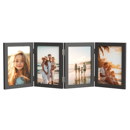 WARM&LOVE 4 Picture Frame, 4x6 Four Folding Hinged Photo Frames, Rustic Wood Desk Family Photo Collage Stand Vertical on Tabletop for Birthday Family Lover Gift (Black)