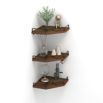 Trwcrt Corner Shelf Wall Mounted Set of 3, Floating Wall Shelves Rustic Wooden Storage Shelves for Bedroom, Bathroom, Living Room, Brown