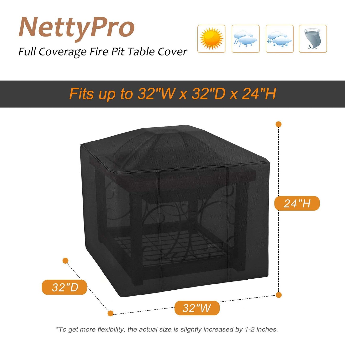 NettyPro Fire Pit Cover Square Waterproof Outdoor Firepit Cover for Gas Propane Fire Pit Table, 32 x 32 x 24 inch, Black