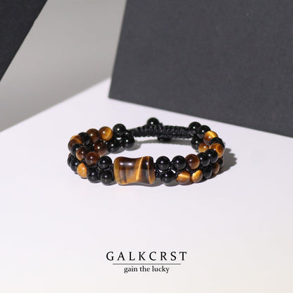 GALKCRST Tiger Eye Black Obsidian Bracelet for Men, Double Layer Natural Stone Beads Bracelet with Bone-Shaped Tiger Eye Focal Bead, Adjustable Braided Cord Triple Healing Crystal Bracelet, Men's Jewelry Gift