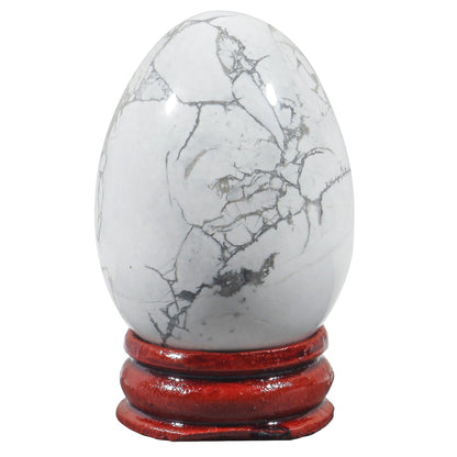 Fekuar Stone Egg Figurine, Polished Healing Crystal Easter Eggs Sphere Sculpture with Wood Stand, Natural White Howlite Turquoise, 1.8"