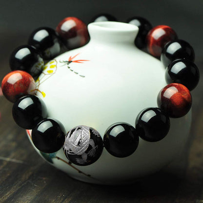 Merdia Men's Tiger Eye Stone Elastic Bead Bracelet with Loong Pattern
