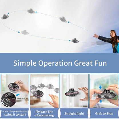 Flying Spinner Mini UFO Drone with Lights, 360°. Fidget Spinner Flying Boomerang Toys Magical Hand Controlled Gifts for Kids & Friends,Cool Game for Birthday Party Team Play (Black)
