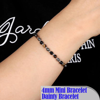 QOGIR Triple Protection - Onyx Hematite Tiger - Stainless Silver Beads Natural Gemstone Stretch Elastic Dainty Healing Beaded Bracelets Gifts 4mm