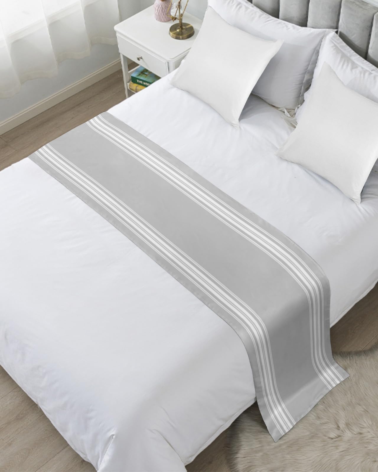 Bed Runner for Queen Size Bed, Grey Striped Bed Scarf Throws for Foot of Bed, Luxurious White Stripes Modern Abstract Art Luxury Bedding Protector Slipcover Bed Runners for Hotel/Home, 83 x 20 Inch