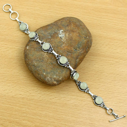 Natural Prehnite 925 Silver Plated Handmade Link Bracelet for Women - Round Gemstones Vintage Style Adjustable Bracelet Women Jewelry Gifts for Wedding Christmas Valentine's Day