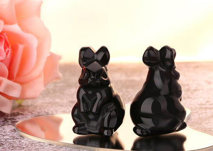 QINJIEJIE 2" Bunny Decor Easter Rabbit Decor Black Obsidian Crystals Rabbit Figurine Healing Stones Carved Statue Gemstones Polished Gem for Spring Easter Home Decor Party Favors