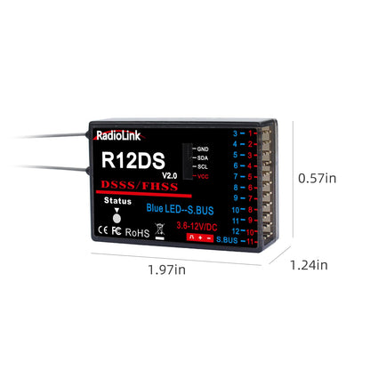 Radiolink R12DS 2.4GHz RC Receiver 12 Channels SBUS/PWM Long Range Control for Airplane, Aircraft Drone Jet RC Transmitter AT10II/AT10/AT9S Pro/AT9S/AT9