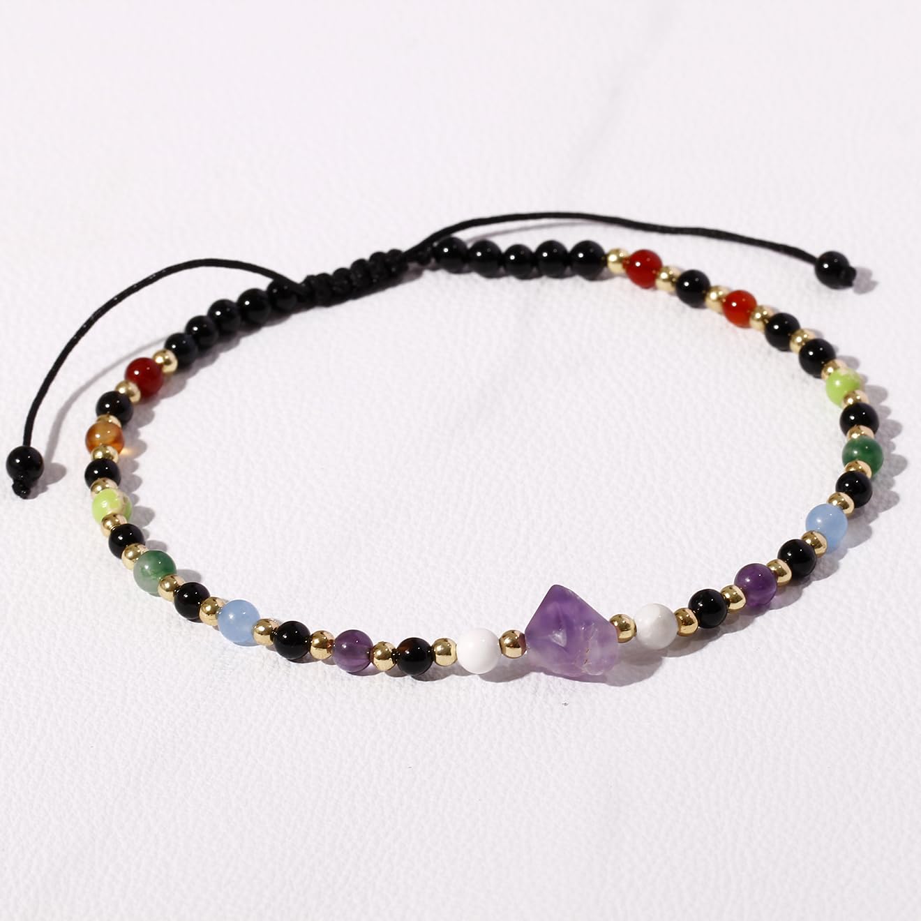Xfoxstal 7 Chakra Beaded Anklet Summer Beach Black Agate Amethyst Raw Stone Ankle Bracelets for Women Spiritual Crystals Energy Yoga Meditation Gifts