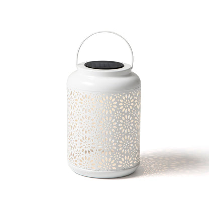 Glitzhome Solar Lantern White Metal Cutout Flower Outdoor Hanging Solar Light with Handle for Garden Patio Yard Outdoor Decor