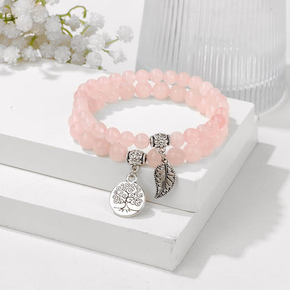 Rose Quartz Bracelets for Women Pink Quartz Natural Stone Crystal Bracelet Gemstone Beaded Bracelet Boho Tree of Life and Leaf Charm Bracelet Rose Quartz Jewelry for Women