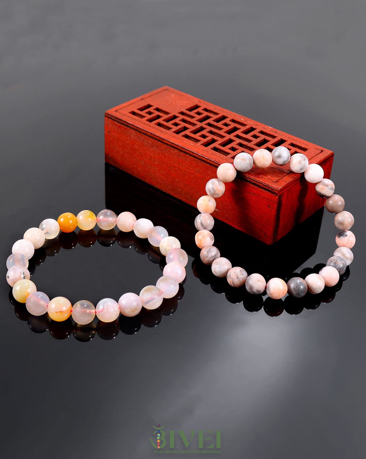 Bivei Natural Gemstone Semi Precious Crystals Handmade Stretchy Round Beads Bracelet, Enhance Positive Energy,Stocking Stuffers for Women(Pink Jasper & Sakura Agate (Positive Energy& Love) Large)