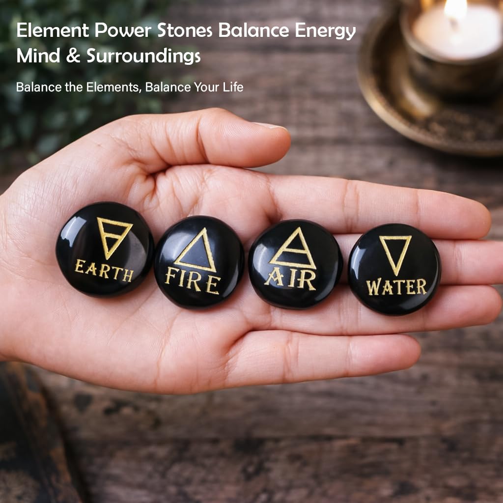 Crocon 4 Elements Black Tourmalinetones Round Shape Engraved Triangle Symbols (Earth Air Fire Water) Polished Palm Stones for Gemstone Reiki Crystals and Healing Stones Meditation Divination Gifts
