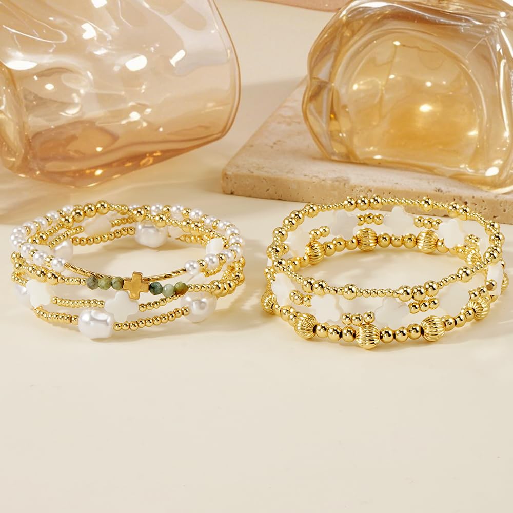 SHINUS BOHO 14K Gold Beaded Pink Clover Stackable Bracelets for Women,7PCS/Set Boho Cross Pearl Beads Stretch Bracelet Stack Fashion Holiday Birthday Prom Jewelry Accessories Gift Friendship Sister